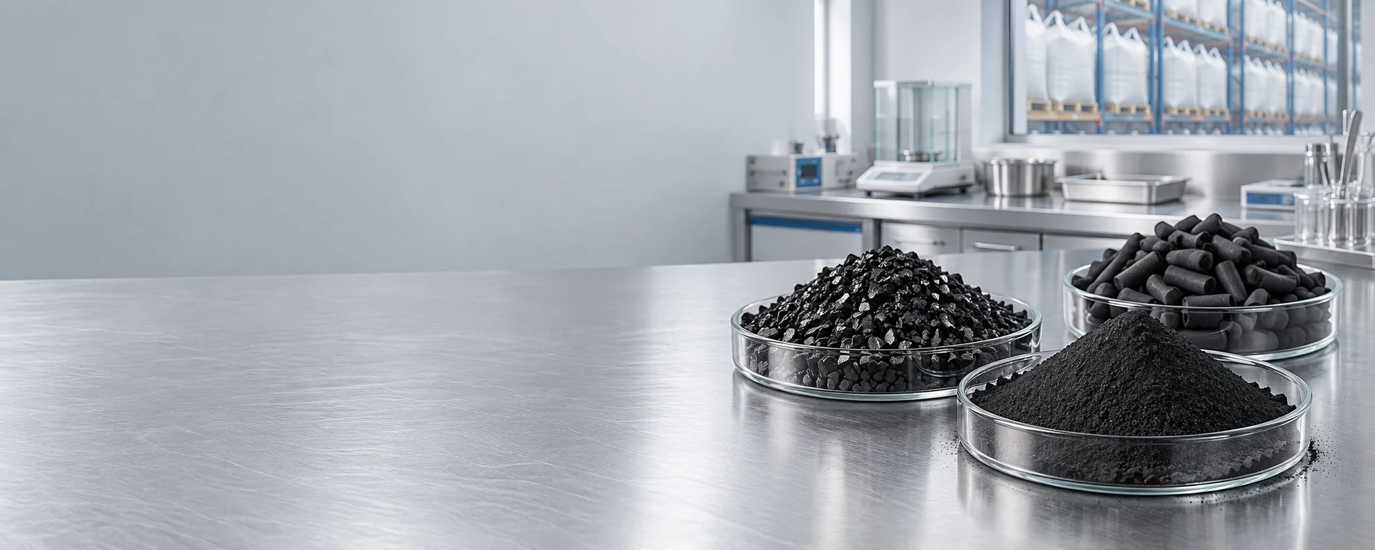 Activated carbon samples on a laboratory workbench