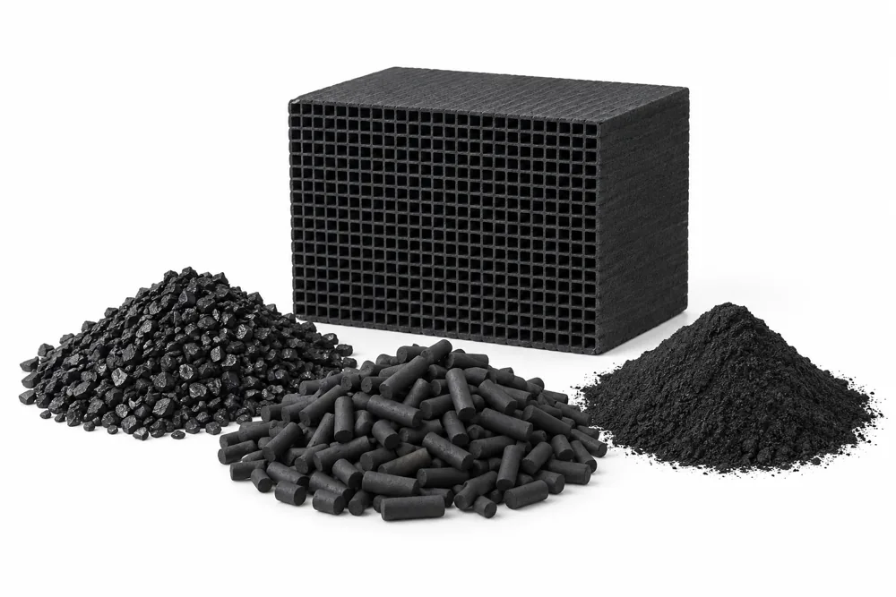 Granular, pelletized and powdered activated carbon